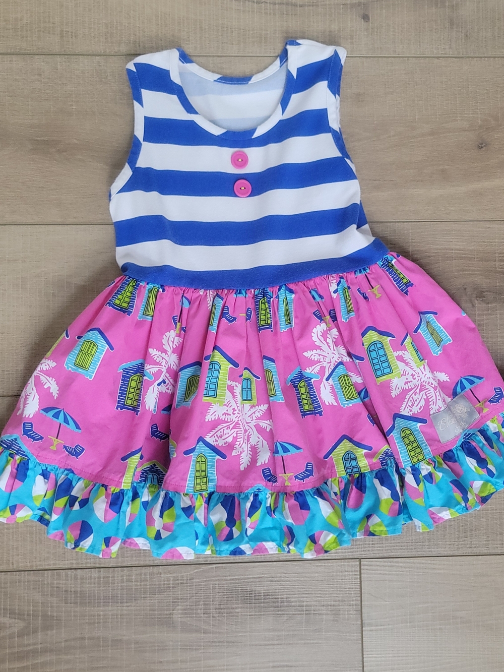 Eleanor Rose Beach Shack Story Print Ruffle Play Dress Pink Stripe 6-7